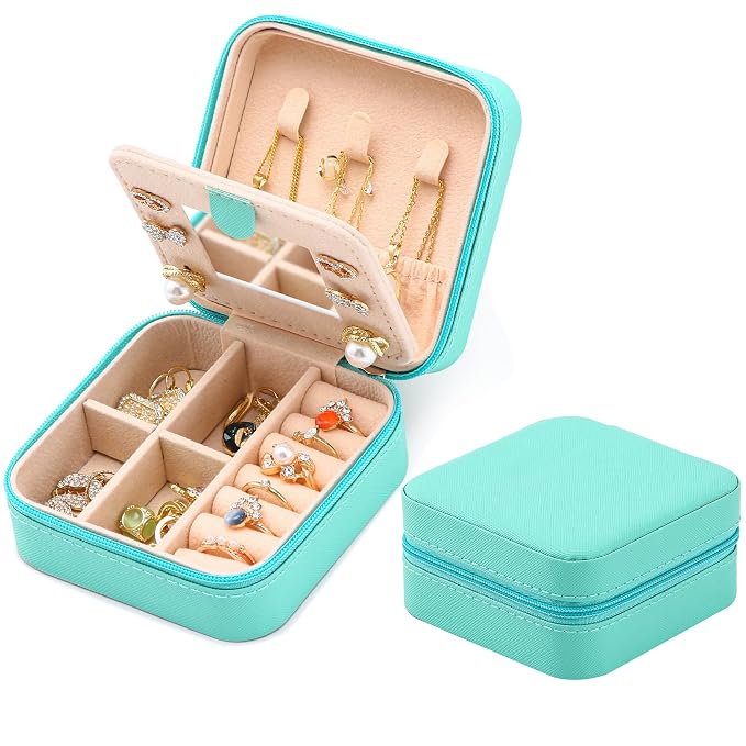 Neveika Jewelry Box with Mirror,Small Jewelry Organizer Box，Travel Jewelry Case for Women，Gift Jewelry Boxes for Female Girls (2pcs mirror blue) - Image 6