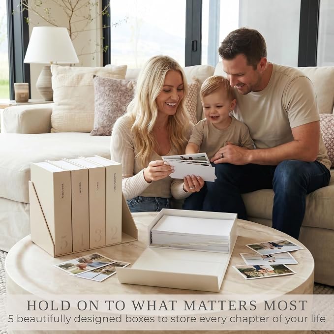 ZICOTO Decorative Photo Storage Box Set of 5 - Sturdy Photo Organizer Boxes with Dividers and Pre-Printed Labels to Keep Your Precious 4x6 Pictures Beautifully Organized on Your Shelf - Image 5