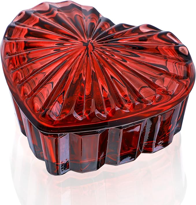 kanpura Crystal Glass Heart-Shaped Jewelry Box,Candy Box with Lid,Women's Covered Earrings Necklace Chest Trinket Storage Box, Glass Jar Christmas Gifts for Women and Girls(Burgundy) by Kanpura