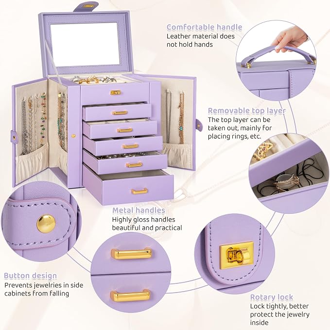 AKOZLIN Jewelry Box Organizer Functional Leather Jewelry Storage Case for Women Girls Ring Necklace Earring Bracelet Holder Organizer with Mirror Purple - Image 7