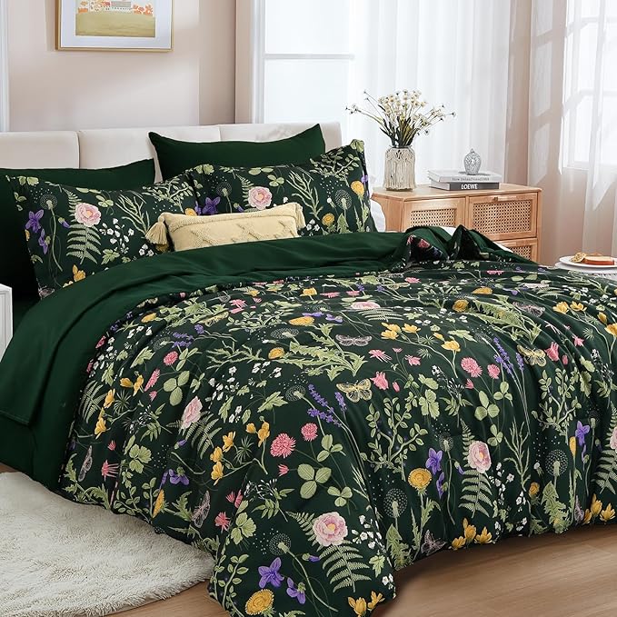 Yiran Floral Twin Comforter Set with Sheets, 6 Piece Bed in a Bag with Botanical Flowers Patterns, Dark Green Bedding Set Girls Soft Lightweight Complete Comforters with Sheets for Women