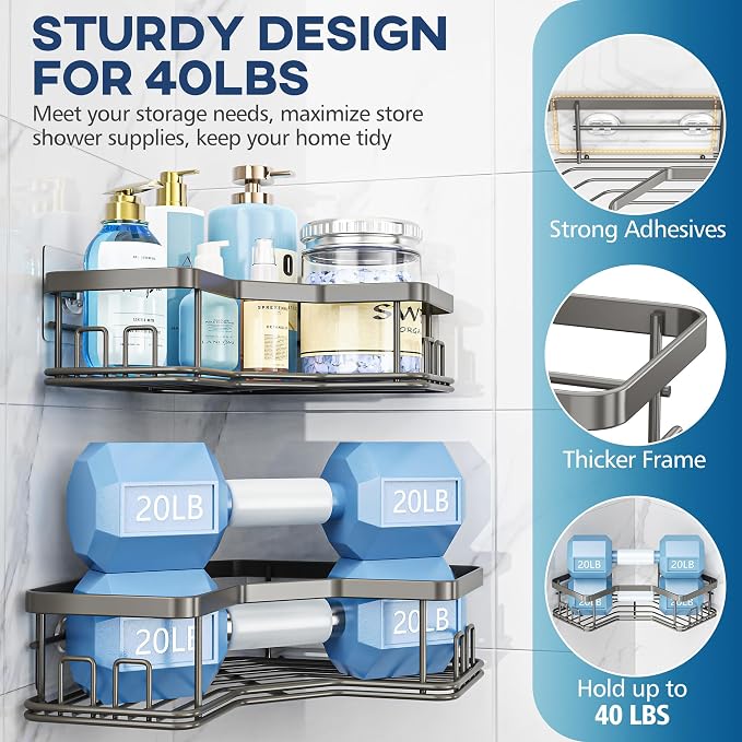 MAXIFFE 3 Pack Corner Shower Caddy with Soap Holder, Large Capacity Sturdy Easy Install No Drilling Stainless Steel Hold 40 LBS Shower Organizer Shelves Rack Storage for Family Renters Bathroom, Grey - Image 4