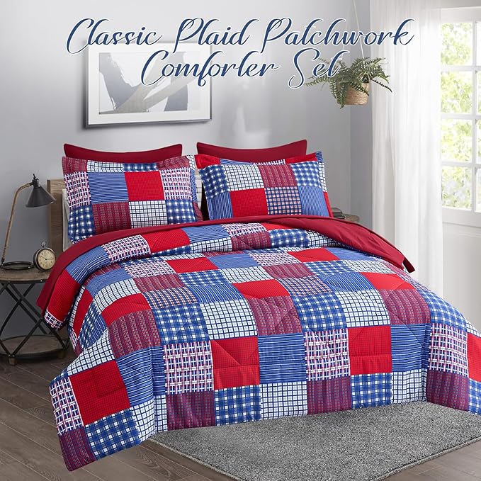 Comforter Set Queen Size Plaid Patchwork Comforter Bedding-7 Piece Bed in a Bag,Soft Reversible Microfiber Bedding Set(1 Comforter,1 Flat Sheet,1 Fitted Sheet,2 Pillowcases,2 Pillow Shams)Red Blue