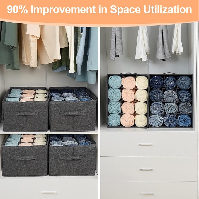 EASEVE 4Pcs Closet Organizers and Storage Bins for Clothes - 12 Cell Drawers Organizer Grid Storage Box for Jeans Pants Sweater T-shirts, Wardrobe Shelf Dividers Closets Organization - Image 4