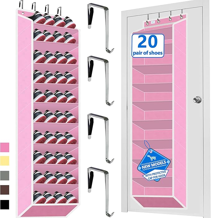 Over The Door Shoe Organizer, 70 Pounds Large Capacity, 20-30-Pair shoe organizer, Heavy Duty-Extra Deep Pockets ,Anti-Scratch Hooks & FSC-Certified Bamboo ,Engineered for Men’s Size 13 shoe,Pink by Zebricolo