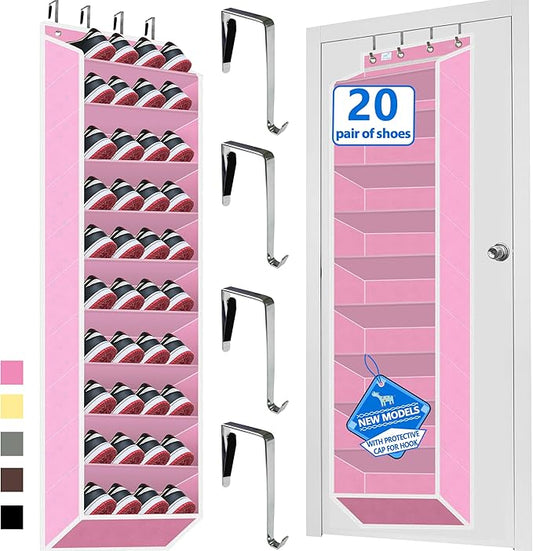 Over The Door Shoe Organizer, 70 Pounds Large Capacity, 20-30-Pair shoe organizer, Heavy Duty-Extra Deep Pockets ,Anti-Scratch Hooks & FSC-Certified Bamboo ,Engineered for Men’s Size 13 shoe,Pink by Zebricolo
