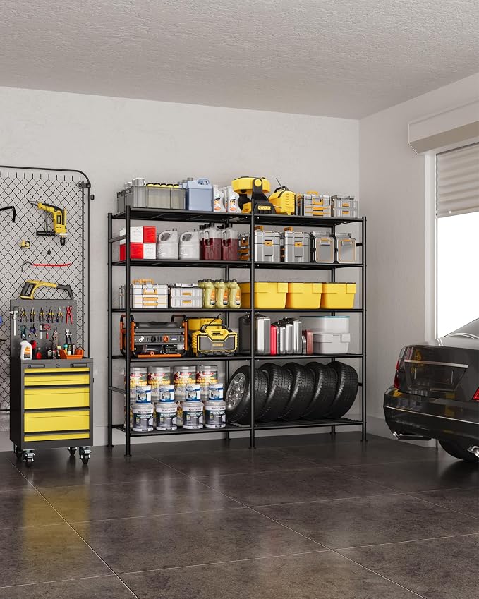 Sakugi Storage Shelves - 5-Tier Heavy Duty Garage Shelving Units with Leveling Feet & Wall Anchor, Large-Capacity Metal Shelf for Garage, Pantry, Kitchen, 59.1" x 15.7" x 69.2", Black - Image 2