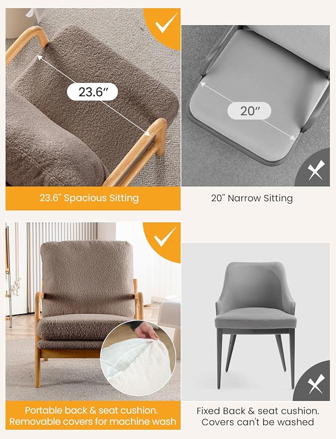 Mid Century Modern Accent Chairs for Living Room, 23” Wide Comfy Chair for Bedroom, Small Cozy Sherpa Reading Chairs for Adults, 108° Lounge Arm Chair Indoor with Detachable Cover, 5.5" Foam Cushion