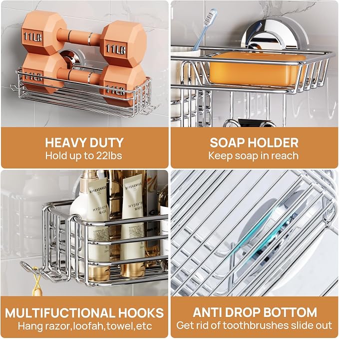 LEVERLOC Shower Caddy Suction Cup, 3 Pack Heavy Duty Bathroom Organizer for Inside Shower with Hooks & Soap Holder, Removable Bathroom Holder - Image 4