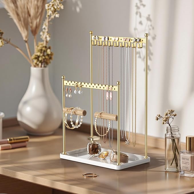 3 Tier Gold Jewelry Stand, Necklace Organizer, Earring Holder with 44 Holes and 9 Hooks, for Necklaces, Bracelets, Rings - Image 5
