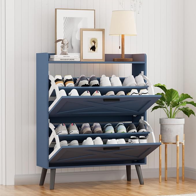 Homleke 32" W Farmhouse Shoe Storage Cabinet with 2 Flip Drawers and Barn Door Design, Adjustable Shelves, Modern Hidden Slim Narrow Shoe Rack Cabinet for Entryway, Foyer, Hallway, Living Room, Blue - Image 9