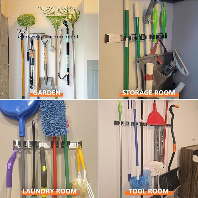 reliahom Broom Holder Wall Mount, 4 Racks with 5 Hooks Black - Mop Storage Tool Racks, Broom Hanger Tool Organizer for Garage, Kitchen, Garden, Laundry Room - Image 5