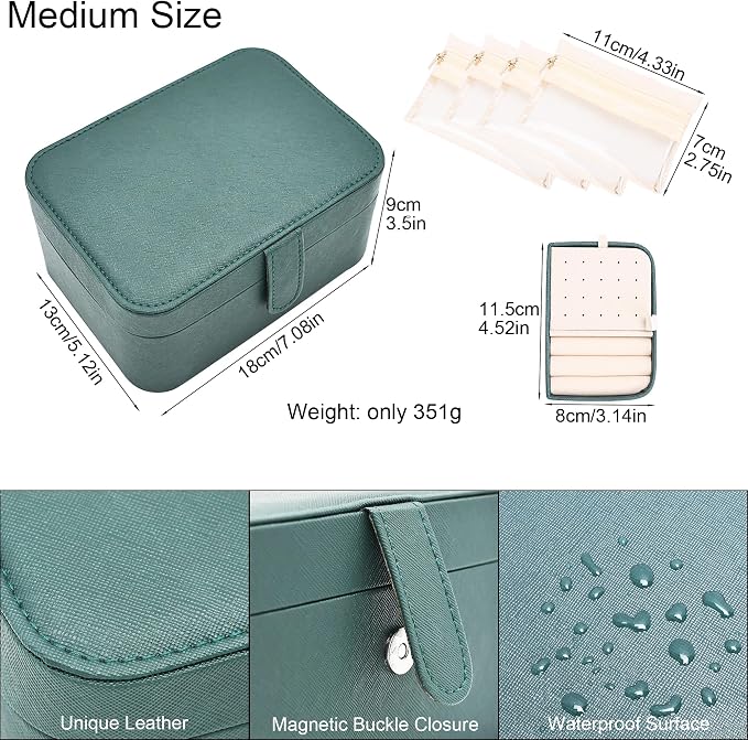 2 Layer Large Jewelry Travel Case with 4 Jewelry Pouches, PU Leather Portable Jewelry Storage Box, Medium Size Jewelry Organizer Box for Earrings, Necklaces, Bracelets (dark green) - Image 2
