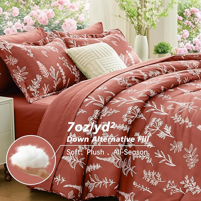 MUXHOMO Terracotta Bed in a Bag Queen 7 Pieces, Queen Comforter Set Reversible Botanical Flowers Design, Ultra Soft & Breathable Bedding Sets with Comforter, Sheets, Pillowcases & Shams