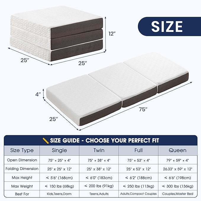 Hanherry 4 Inch Foldable Mattress Single Size, Tri-Folding Portable Memory Foam Topper Floor Bed with Storage Bag, Washable Cover for Travel, Camping, RV, Guest
