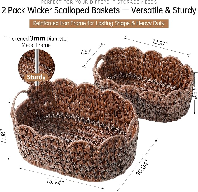 Coeusy Wicker Scalloped Basket Set of 2,Woven Storage Baskets for Shelves,Closet,Laundry,Gift,Towels,Books,Toys,Waterproof Cute Decor Basket for Organizing,Brown - Image 3