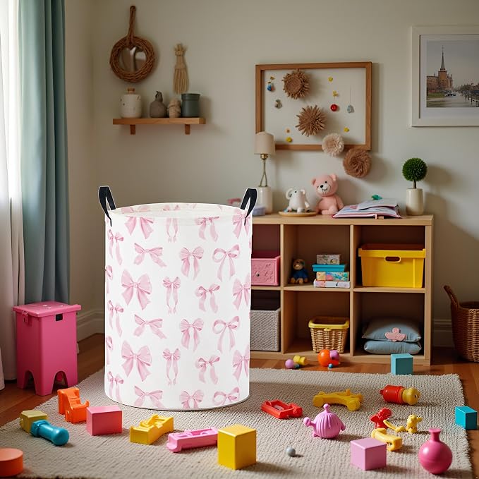 Baby Laundry Basket Baby Nursery Hamper Kids Laundry Basket Toy Storage Bin for Boys Room Decor Gift Baskets for Bedroom Bathroom(Pink Bowknot) - Image 2