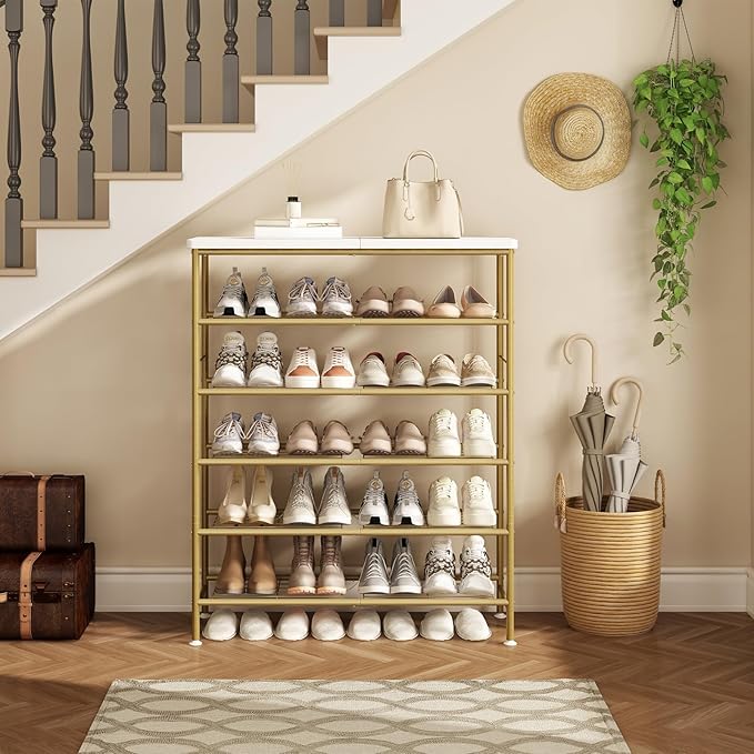 SUOERNUO Shoe Rack Organizer 6 Tier for Closet Entryway Free Standing Metal Storage Shoe Shelf with MDF Top Board，Gold - Image 3