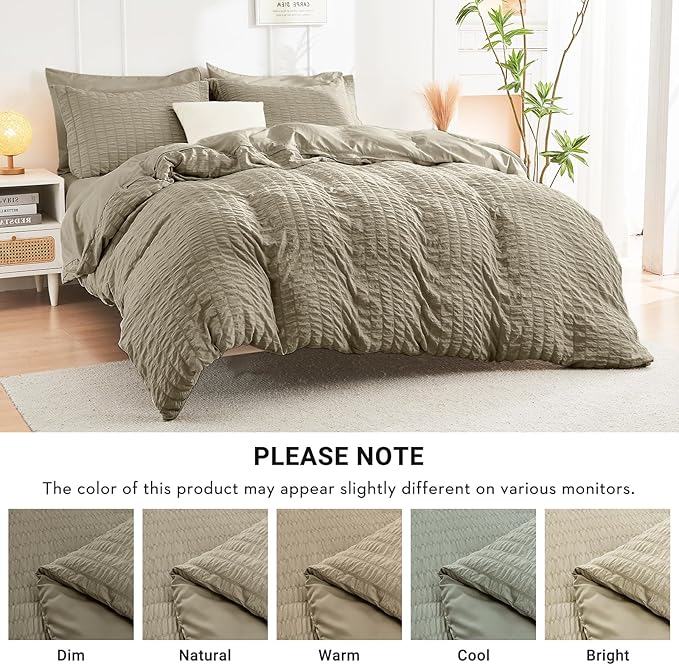 HYMOKEGE Linen Queen Comforter Set Seersucker 7 Pieces, All Season Luxury Bed in a Bag Queen for Bedroom, Bedding Set with Comforter, Sheets, Pillowcases & Shams