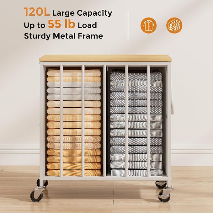 120L Laundry Hamper with Wheels and Lid, Rolling Laundry Basket with Dual Removable Liners, Soft-Close Flip-Top Wooden Lid, Metal Handles, Clothes Organizer for Bedroom and Laundry Room - Image 4