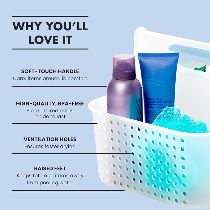 madesmart Large Portable Shower Caddy, Hold Soap, Shampoo, Hair Supplies and Beauty Products, Cleaning Supplies Organizer for Home, Dorm, Plastic Shower Tote, Soft Handle, Blue - Image 5