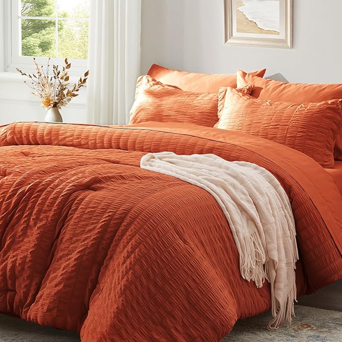 Zzlpp Twin Comforter Set 5 Pieces, Burnt Orange Seersucker Bed in a Bag with Comforter and Sheets, Lightweight Bedding Sets with 1 Comforter, 1 Pillow Sham, 1 Pillowcase, 1 Flat Sheet, 1 Fitted Sheet
