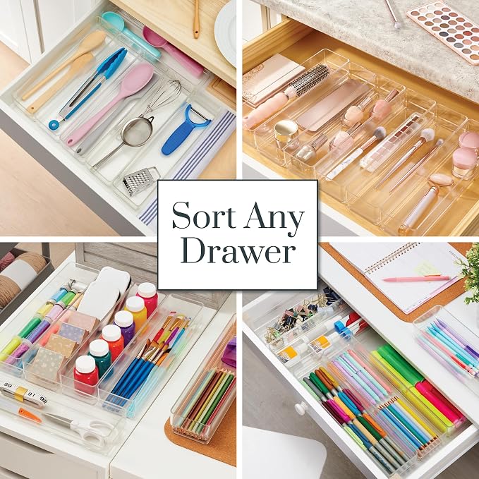 STORi SimpleSort 6-Piece Stackable Clear Drawer Organizer Set | 12" x 3" x 2" Rectangle Trays | Narrow Makeup Vanity Storage Bins and Office Desk Drawer Dividers | Made in USA - Image 4