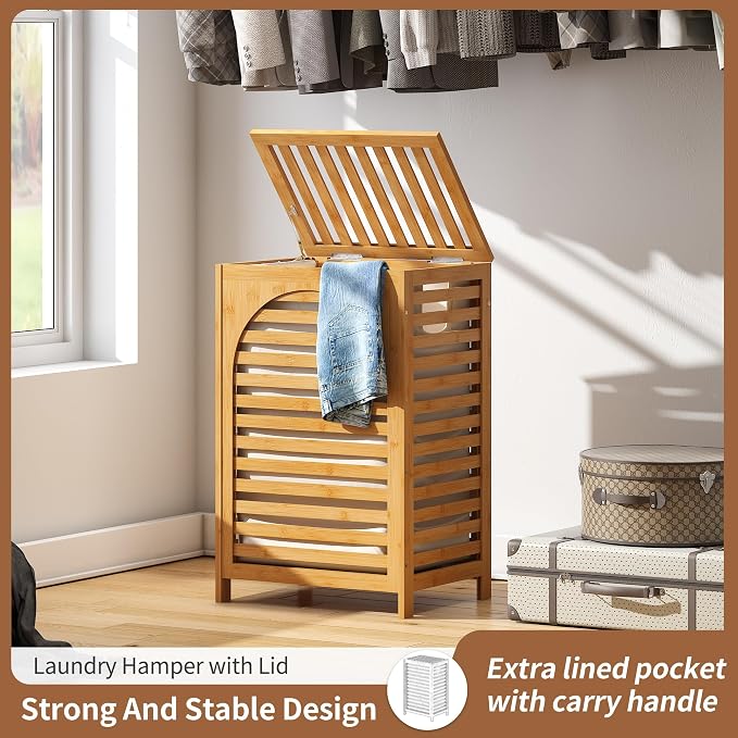 FILWH Laundry Hamper with Lid (16.9 * 13 * 26.5inches) Large Bamboo Laundry Bin Basket 85L Clothes Hamper with 1 Removable Bag Storage baskets for Bathroom(Natural) - Image 4