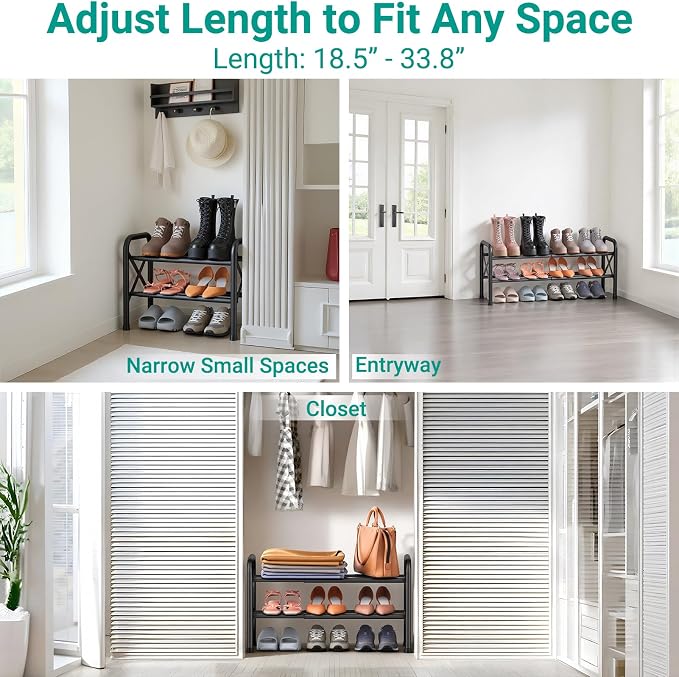 YEASHEIN 2-Tier Expandable Shoe Rack for Closet Floor, X-Frame Metal Small Shoe Rack for Entryway, Adjustable Shoe Shelf Organizer, Free Standing Shoe Racks for Front Door Entrance, Garage - Black - Image 3