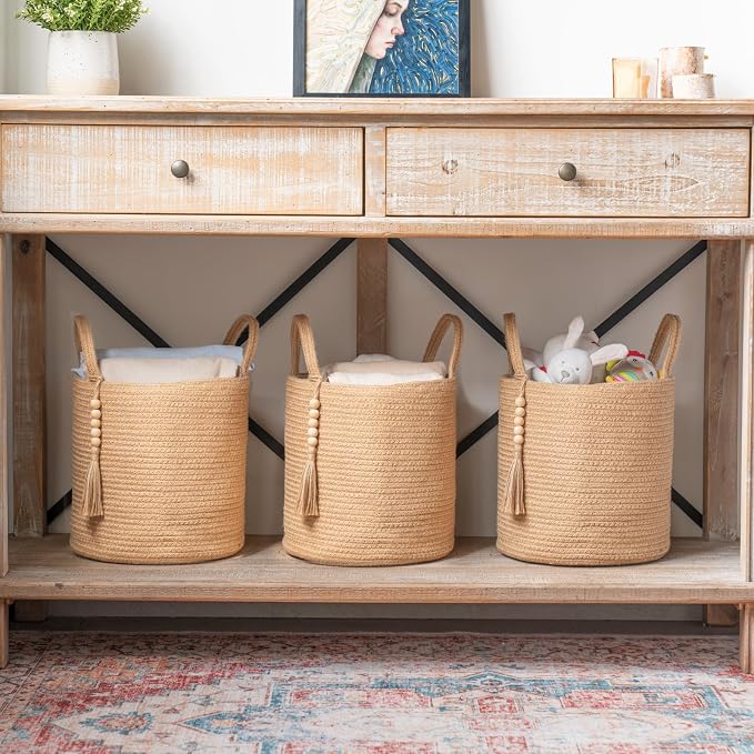 Mkono Woven Storage Basket Decorative Natural Rope Basket Wooden Bead Decoration for Blankets,Toys,Clothes,Shoes,Plant Organizer Bin with Handles Living Room Home Decor (Brown, 28 x 28cm) - Image 2