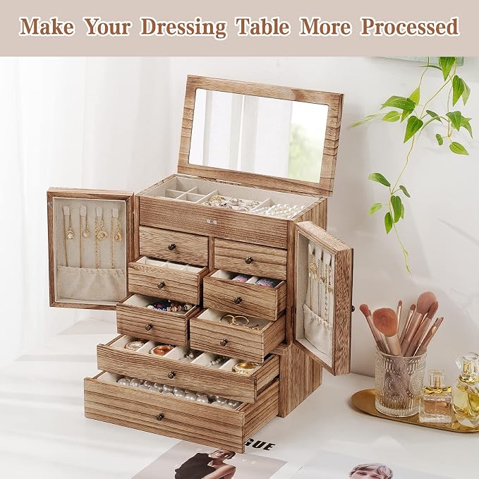 Emfogo Jewelry Box for Women Wooden Jewelry Boxes & Organizers 5-Layer Rustic Large Jewelry Organizer Box with Mirror & 8 Drawers for Rings Earrings Necklaces Bracelets Women Girls Gifts - Image 7