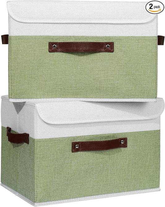 ANMINY 2PCS Storage Boxes with Lid Washable Decorative Storage Bins Basket with PU Leather Handle Foldable Linen Fabric Storage Cubes Containers for Home Closet Organizer - Green White, Large Size by ANMINY