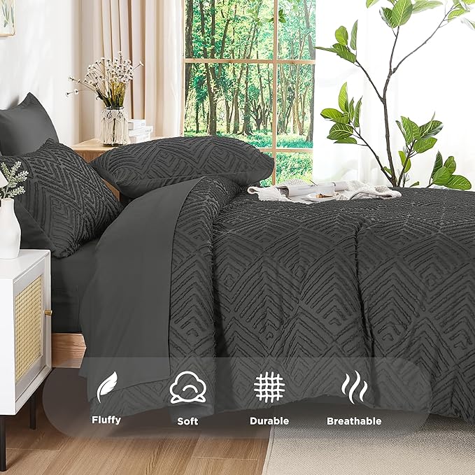 Andency Queen Comforter Set 7 Piece Dark Grey - Bed in a Bag Queen Boho Lightweight Fluffy Tufted Bedding Sets with Comforter, Sheets, Pillowcases & Shams