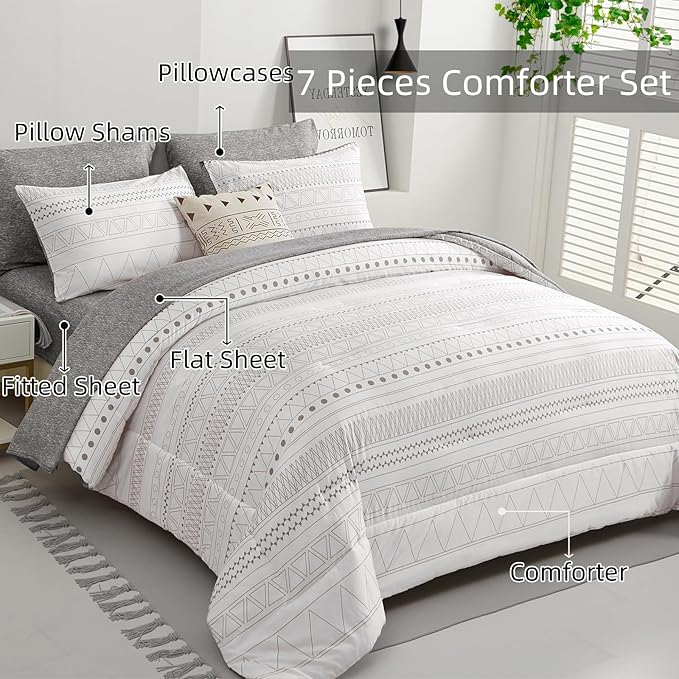 WONGS BEDDING Boho Geometric Comforter Set Full Size,7 Pieces White Grey Stripe Bed in a Bag Comforter for All Season Bohemian Complete Bed Set with Pillowcases & Shams,Sheets Soft Microfiber