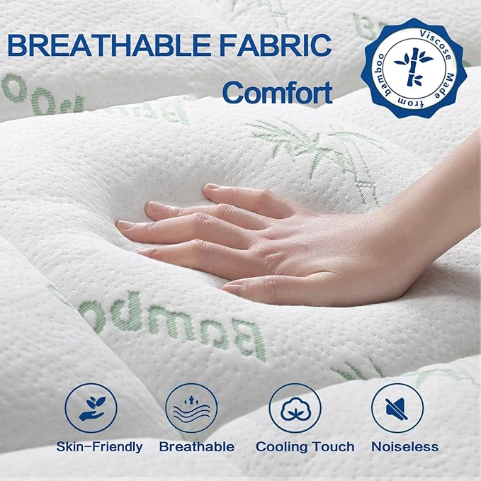 Mattress Topper Short Queen RV Size, Cooling Extra Thick Breathable Viscose Made from Bamboo Mattress pad, Soft Quilted Fitted Mattress Cover with 1000 GSM Down Alternative Fill (8-21”Deep Pocket)