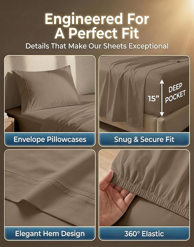 LANE LINEN 100% Cotton Sheets Twin Size - 600 Thread Count Sateen Weave for Smooth Feel On Skin - Extra Soft & Breathable Twin Sheet Set for Single Beds - Fits Mattresses Upto 15'' Deep - Taupe