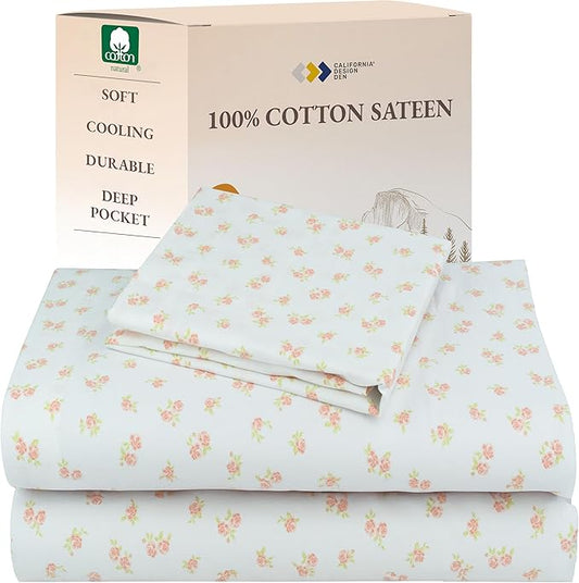 California Design Den Twin Floral Sheet Set, 100% Cotton 12" Pocket Twin Sheets & Pillowcase Set, Soft Sateen Weave - Chic Floral