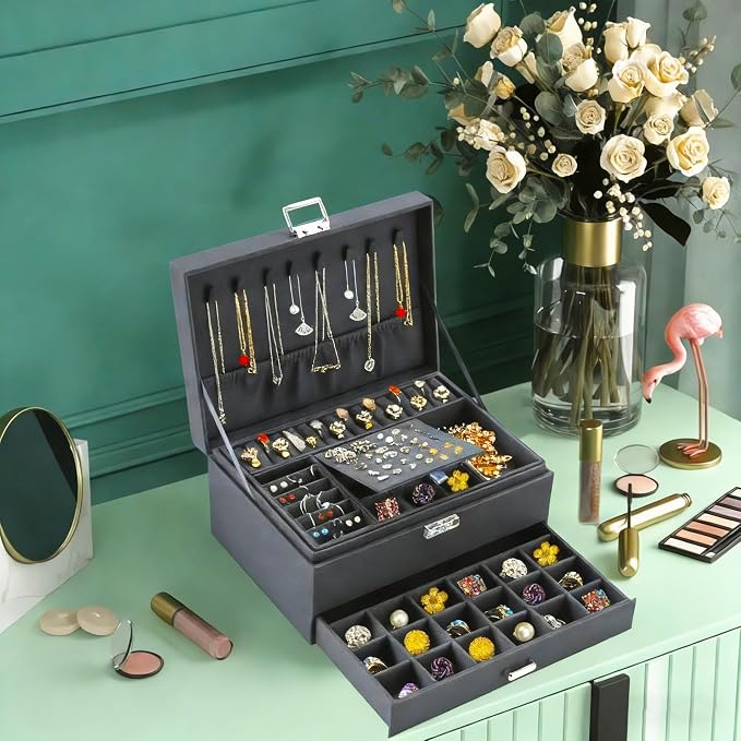 QBestry 3-Layer Jewelry Box for Women with Lock and Key & Drawer, Large Jewelry Organizer with 8 Necklace Hooks & 56 Earring Holes, Grey Velvet Jewelry Storage Box for Necklaces Earrings Ring Bracelet - Image 4