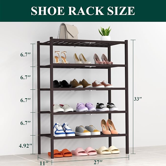 Smiry Shoe Rack, 5 Tier Thick Bamboo Shoe Organizer, Stackable Free Standing Wooden Shoe Storage Shelf for Closet, Entryway, Front Door Entrance, Brown - Image 2