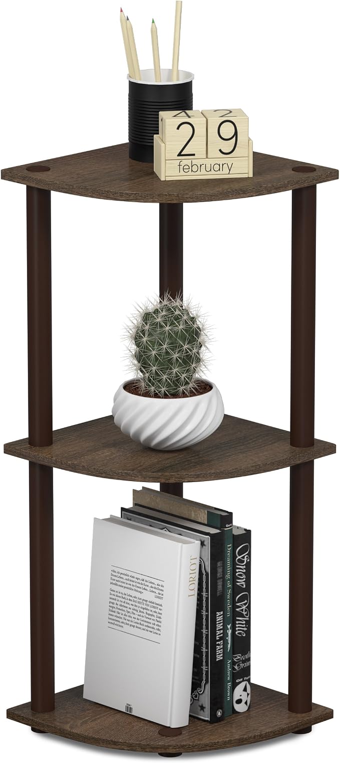 Furinno TURN-N-TUBE Corner Shelf, 3-Tier Corner Bookshelf, Display Storage Shelves with Open Shelves, for Organization and Storage, Living Room, Home Office, Garage, Walnut - Image 5