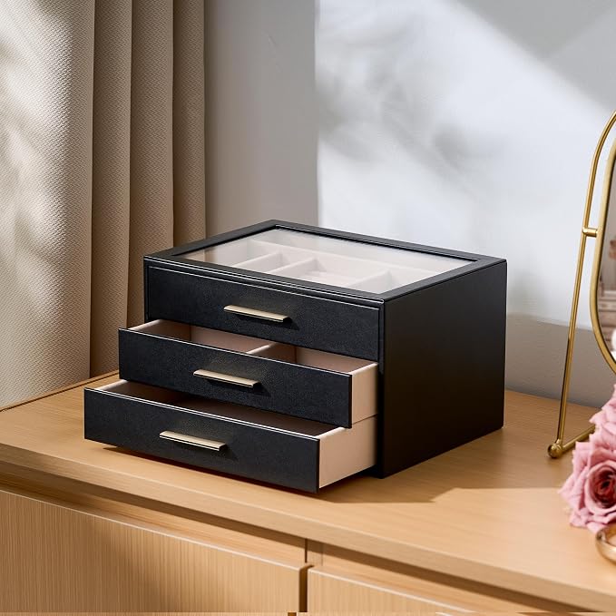 pickpiff Jewelry Box Organizer Case for Women: 3-Layer Jewelry Storage Case with Glass Window, Black Leather with Blush Velvet, Holder for Ring Necklace Bracelet Brooch Watch, Great Gift for Her - Image 3