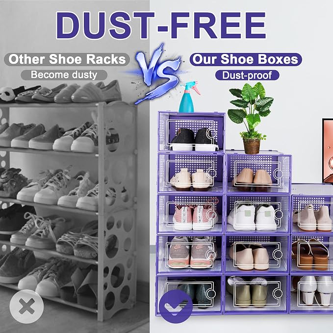 Kuject Shoe Organizers Storage Boxes for Closet, 12 Pack Clear Plastic Stackable Storage Bins with Lids, Under Bed Shoe Containers for Entryway, Drop Front, Fit up to Women's Size 10,Purple - Image 4