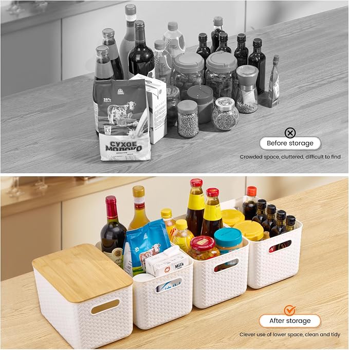 Ohmlove 4 Packs Storage Bins with Bamboo Lids - Plastic Storage Containers with Lids Stackable Storage Box：Storages Baskets for Organizing Desktop Closet Playroom Classroom Office,White - Image 4
