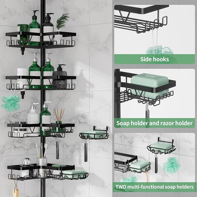 DAOYA Tension Pole Shower Caddy, 4-Tier Stainless Steel Shower Organizer with 2 Removable Soap Holders, 25 to 114.2 Inches, for Bathtub/Bathroom Corner, Renters Friendly, Black - Image 3
