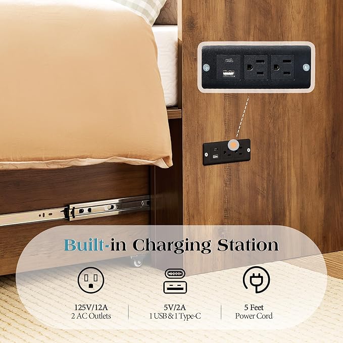 LUXOAK Queen Murphy Bed with 6" White Tri-Fold Memory Foam Mattress, Storage Drawer & Charging Station, Space-Saving Design for Home Office or Guest Room, Barnwood