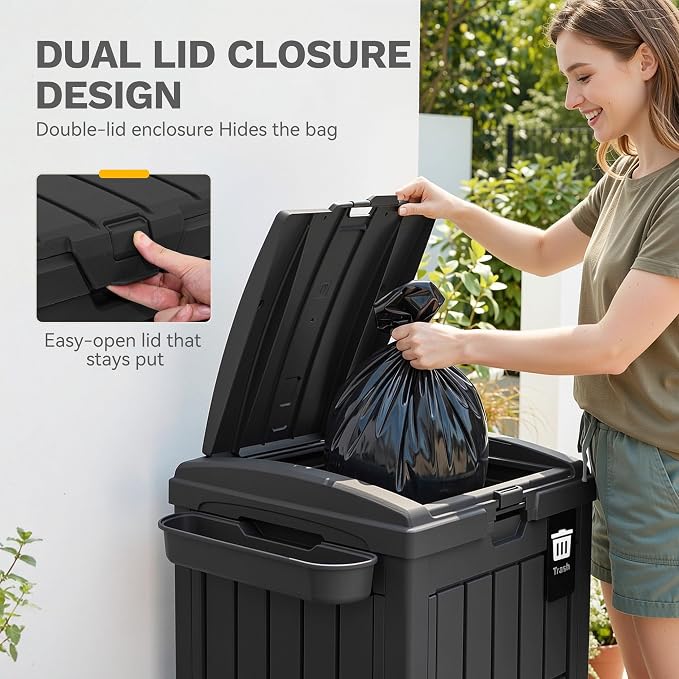 DWVO 38 Gallon Outdoor Trash Can, Set of 2 Resin Garbage Bins with Lids, Includes 2 Sorting Labels, Ash Holder, Stakes & Suction Cups, Hideaway Storage for Patio Backyard Garden, Black - Image 3