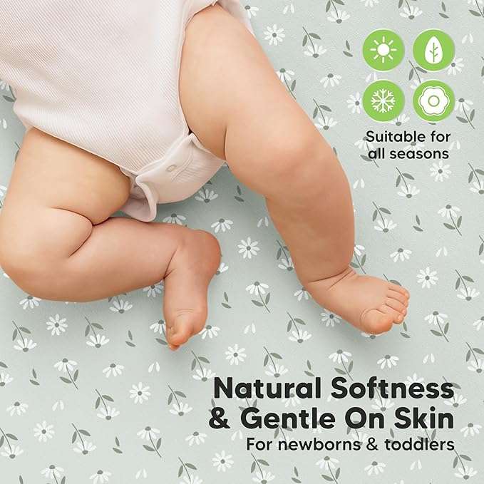 2-Pack Waterproof Crib Sheets for Boys, Girls - 52x28 Fitted Organic Cotton Baby Crib Sheets, Toddler Mattress Protector Cover, Washable, Soft & Durable Baby Bedding Essentials (Daisies)