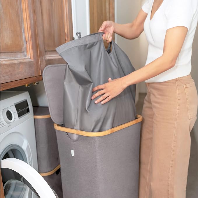 LONBET Laundry Basket with Lid, Made from Breathable Fabric | Aesthetic Clothes Hampers for Laundry with Side Handles & Sturdy Bamboo Frame (26 Gallons - Single, Gray) - Image 9