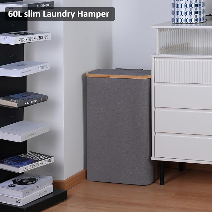 Slim Laundry Basket,60L Laundry Hamper with Lid, Tall Hamper for Laundry,Dirty Cloth Hamper with Bamboo Handle for Toys,Towels, Clothes Organizing,Grey - Image 4