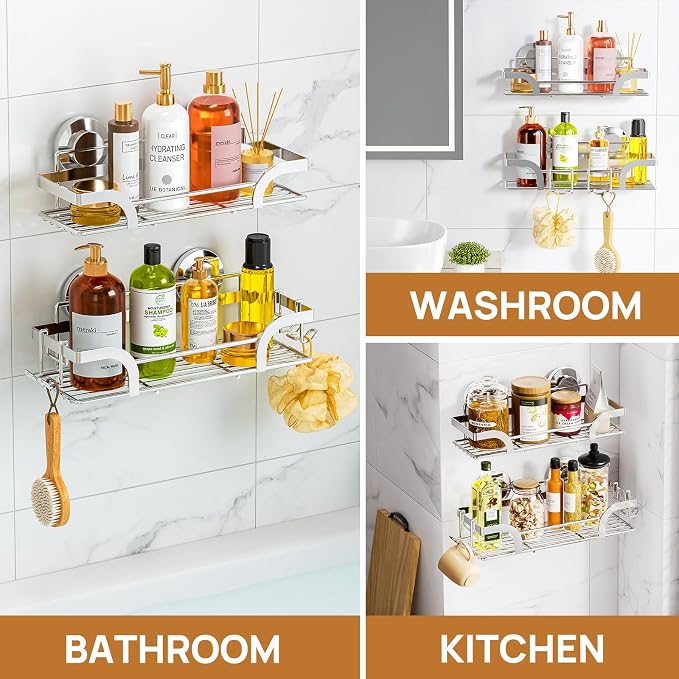 LEVERLOC 2 Pack Shower Caddy Suction Cup, Shower Shelves for Inside, Rustproof Metal Bathroom Storage NO-Drilling Bath Organizer with Large Capacity,Heavy Duty Storage Basket,Home Decor,Silver - Image 2